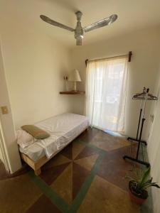 圣克鲁斯华特库Vive Huatulco的一间卧室配有一张床和吊扇