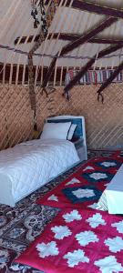 努库斯KARAKALPAK ETNO VILLAGE的卧室配有一张床,地板上铺有地毯