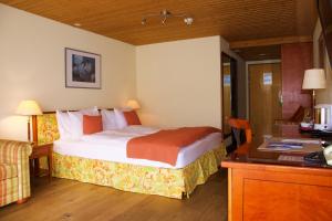 翁根Hotel Silberhorn - Residences & Spa Wengen的配有一张床和一张书桌的酒店客房