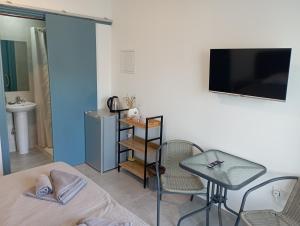 阿依纳帕BluejSuite的配有床、桌子和电视的房间
