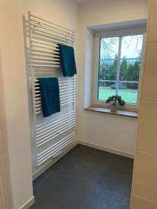 MarschkampFerienwohnung Haus Peters "De Groote"的浴室设有窗户和2条蓝色毛巾。