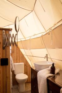 LembekeComfort Tipi Marie, Tipi Bo Deluxe & tent Nicolaï - 'Glamping in stijl'的帐篷内的浴室设有卫生间和水槽。