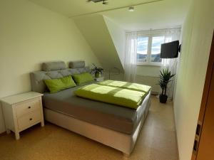 富特旺根FeWo Furtwangen的一间卧室配有一张带绿色枕头的床和一扇窗户