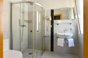 利多迪耶索罗HOTEL BLUMARIN的带淋浴和盥洗盆的浴室