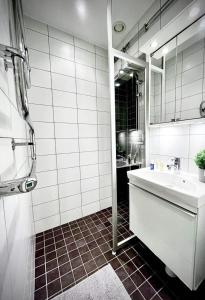 哥德堡Luxury Apartment In City Centre的白色的浴室设有水槽和镜子