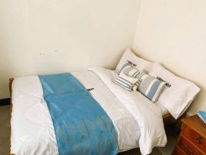 纳库鲁3 Bedroom Laneens Nest的一张床上有两个枕头的房间