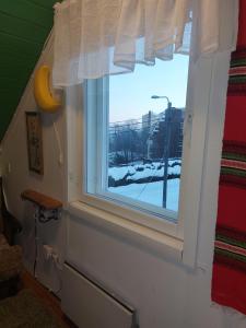 库奥皮奥120 yrs. old log house in Kuopio city centre的窗户享有积雪覆盖的街道景致