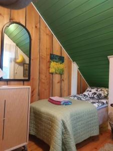 库奥皮奥120 yrs. old log house in Kuopio city centre的一间卧室设有绿色天花板、一张床和镜子