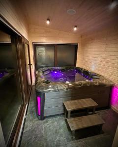 Lubiszewo莱兹乌斯特尼别墅酒店的客房内的按摩浴缸配有紫色灯