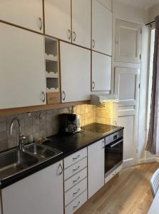 哥德堡Luxury Apartment In City Centre的厨房配有白色橱柜和水槽