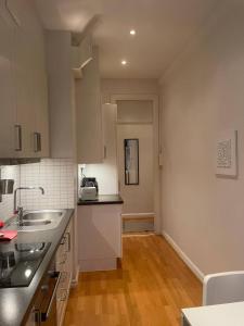 哥德堡Luxury Apartment In City Centre的厨房铺有木地板,配有白色橱柜。