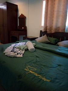 Ban Mo NaeChalisa Bukit House Lanta的一张床上有绿毯的床