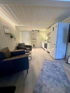 利勒哈默尔studio apartment with parking的带沙发和白色冰箱的客厅
