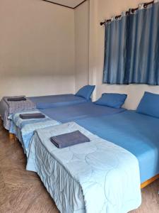 库德岛Chom Suan Farmstay的配有蓝色枕头的客房内的两张床