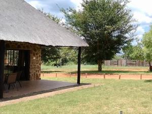 KareefonteinMoletani Game Ranch的小木屋设有门廊和草屋顶