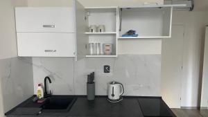 布拉格NOVÝ krásný apartmán - 15 min od centra的厨房配有白色橱柜和水槽