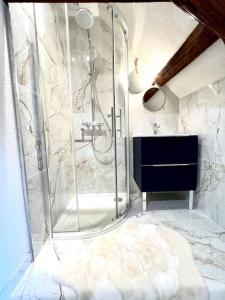 罗莫朗坦Le Nid Arrivé autonome clim wifi linge inclus的带淋浴和盥洗盆的浴室