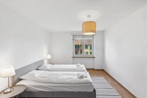 苏黎世Charming Apartments, Just 27 Minutes to Zurich Center的白色客房的两张床,设有窗户