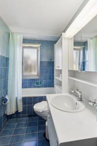 苏黎世Charming Apartments, Just 27 Minutes to Zurich Center的蓝色瓷砖浴室设有水槽和卫生间