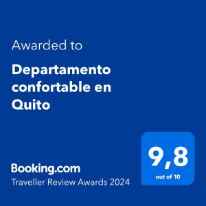 基多Departamento confortable en Quito的蓝屏,文本被授予了省市舒适的连接浴室