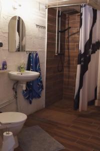 LiguriPaganamaa puhkemaja ja peosaal的带淋浴、盥洗盆和卫生间的浴室