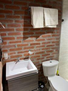 马尼萨莱斯El refugio del Guayacán的一间带白色水槽和砖墙的浴室