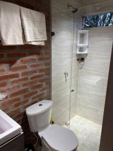 马尼萨莱斯El refugio del Guayacán的一间带卫生间和玻璃淋浴间的浴室
