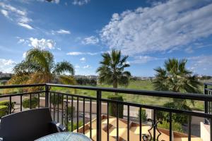 帕福斯Sunny View - A Stunning Apartment With Private Rooftop的从棕榈树度假村的阳台可以欣赏到风景