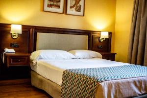 阿兰达德杜洛Hotel Spa Tudanca Aranda的酒店客房设有一张大床和两盏灯。