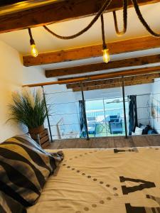 阿格德角Duplex sur Marinas Cap d'Agde的一间卧室配有一张床,享有庭院的景色
