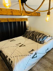 阿格德角Duplex sur Marinas Cap d'Agde的一张位于带木制床头板的房间的床铺