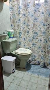 博尔坎Cozy Home的一间带卫生间和淋浴帘的浴室