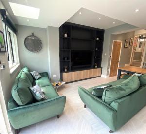 布里斯托Superb townhouse near vibrant Gloucester Road的客厅配有两张绿色沙发和一台电视