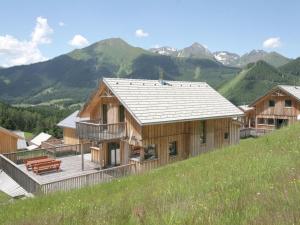 上陶恩Exclusive chalet in Hohentauern in ski area的山丘上以山为背景的房子