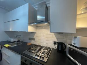 伦敦Central Point apartment的一间带炉灶的厨房 水槽旁的顶部烤箱