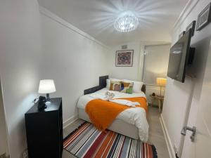 伦敦Central Point apartment的小卧室配有带橙色毯子的床
