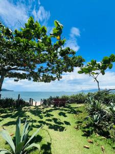 卡拉瓜塔图巴Apartamento beira mar vista para montanha em Massaguaçú的享有海滩和海洋景致的公园
