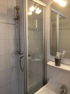 瓦尔拉夫Hotel Zum Weissen Mohren的带淋浴、卫生间和盥洗盆的浴室