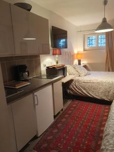 巴黎La Romantique的一间卧室配有一张床,厨房配有柜台