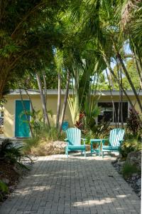 基拉戈椰树湾度假酒店 - 拉哥克伊岛的两把蓝色椅子坐在棕榈树庭院