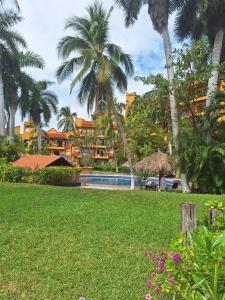 伊斯塔帕Apartamento Colibrí的一个带游泳池和棕榈树的度假村