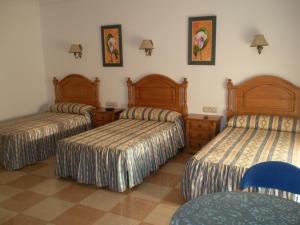 阿尔卡拉斯Hostal Los Rosales的一间酒店客房,房间内设有三张床