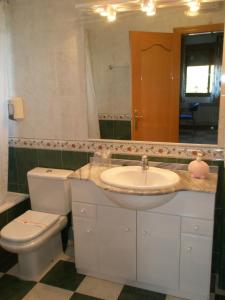 阿尔卡拉斯Hostal Los Rosales的一间带水槽、卫生间和镜子的浴室