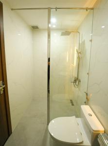 归仁Gia Kiên Hotel的一间带玻璃淋浴和卫生间的浴室