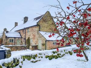 MayfieldJasmine Cottage - Uk4176的雪中一座古老的石头建筑,有一棵红浆果树