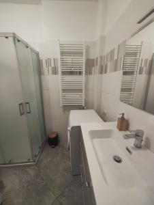 诺瓦拉appartamento C&Y Ghiberti的带淋浴和盥洗盆的白色浴室