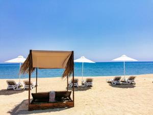 拉纳卡Luxury Beachfront Villa with Private Pool, Yoga & Sea Adventures的海滩上的一组椅子和遮阳伞