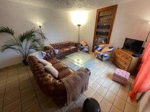 圣莫代福塞Grande maison tout confort - 100m RER A - Paris - Disney的客厅配有真皮沙发和电视