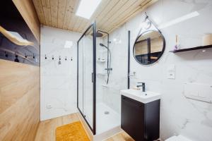 鲁穆尼卡Karkonoski Glamping的带淋浴和盥洗盆的浴室