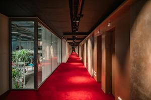 朗根塔尔Hotel Meilenstein的办公室大楼里一条铺有红地毯的空走廊